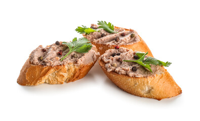 Toasts with tasty pate, parsley and peppercorns on white background