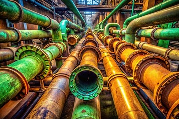 Waste pipes, abstract brown & green industrial design.
