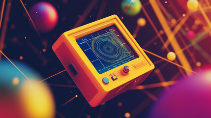 A Sleek, Modern Measuring Device with a Digital Display Floating in Space, Surrounded by Stars and Planets, Showcasing Precise Measurements of Astronomical Distances