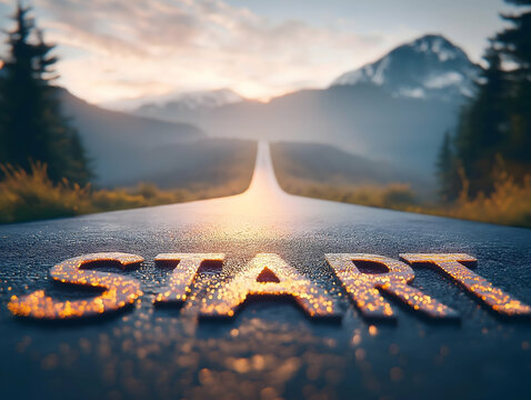 A winding road leads into a misty mountain landscape, with the word "START" prominently displayed, symbolizing new beginnings and journeys ahead.