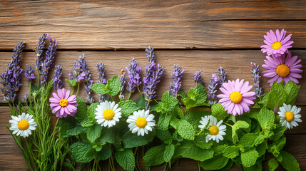 Obraz premium Freshly picked lavender, chamomile, and mint laid out on a rustic wooden table, natural and calming