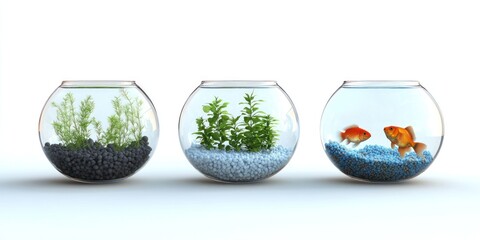 Three Glass Bowls Containing Plants and Fish