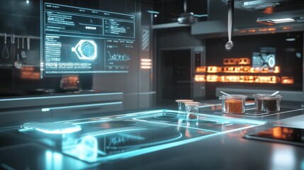 A futuristic kitchen with advanced technology and interactive displays for culinary tasks.