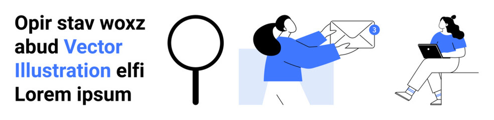 Magnifying glass, text block, person sending an envelope, and person with a laptop. Ideal for email services, digital connectivity, communication, search, connectivity, modern design, and technology
