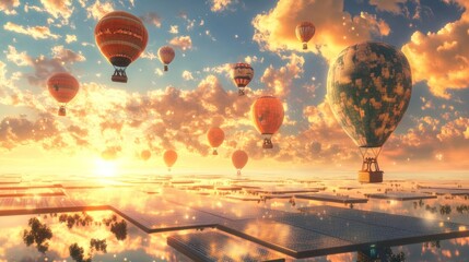 Fototapeta premium Colorful hot air balloons floating over a serene landscape at sunset.