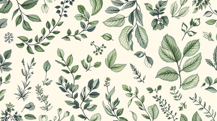 Delicate Botanical Pattern of Various Greenery on a Cream Background