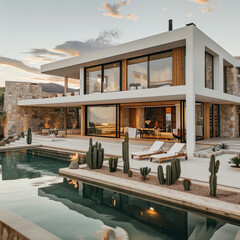 Fototapeta premium landscaping in front of the villa ornamental pools, and design sculptures in the garden. 