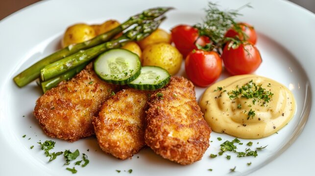 luxury plate with schnitzel and golden potatoes, a few grilled asparagus and a small sallad with tomatoes and cucumber. Bearnaise sauce on the side