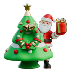 Santa Claus peeking from behind a Christmas tree 3D Christmas Illustration