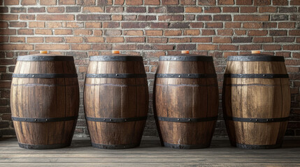 Fototapeta premium Rustic wooden barrels lined up against brick wall, showcasing their aged texture and craftsmanship. warm tones create cozy atmosphere in this vintage setting