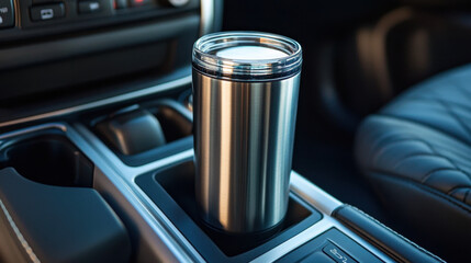 stainless steel tumbler sits in car cup holder, showcasing its sleek design and functionality. Perfect for keeping beverages hot or cold while on go