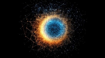Fototapeta premium Abstract Visualization of a Bright Atomic Structure Surrounded by a Network of Colorful Nodes and Lines Representing a Celestial Sphere in a Dark Background