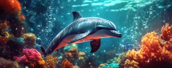 Fototapeta premium Surreal Dolphin Swimming in Vibrant Underwater Scene