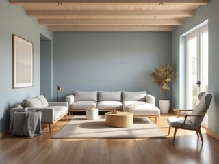 Fototapeta premium Minimalist pastel blue basement living room, perfect for modern real estate.