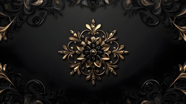 Christmas banner with luxurious patterns and metallic accents, central area in matte black for elegant text placement