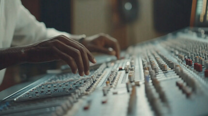 Serene audio studio with sound engineer adjusting noise reduction settings on mixing console, symbolizing the meticulous process of eliminating unwanted sounds.