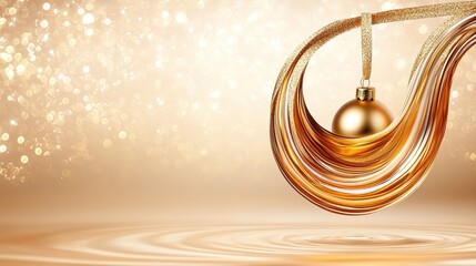 Obraz premium Elegant golden Christmas ornament suspended with shimmering ribbons against a soft bokeh background, creating a festive and luxurious holiday atmosphere for decorations.