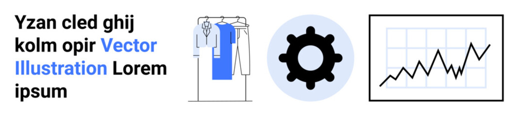 Clothing rack with garments, gear icon, and line chart convey concepts of fashion, mechanics, and data analytics. Ideal for e-commerce, engineering, business analytics, retail fashion design tech