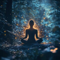 Obraz premium Wicca and mental wellness, a peaceful scene with glowing natural elements, a practitioner meditating with serene cosmic visuals and herbs