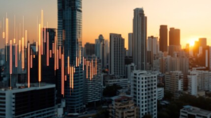 Urban Skyline with Stock Market Trend Graph Overlay Against a Beautiful Sunset in a Bustling Cityscape