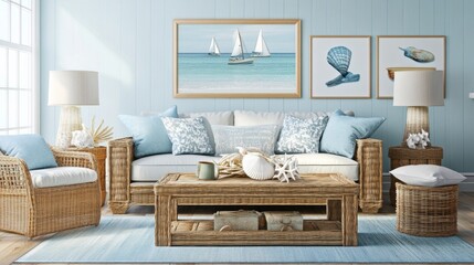 Coastal Living Room with Wicker Furniture and Light Blue Walls