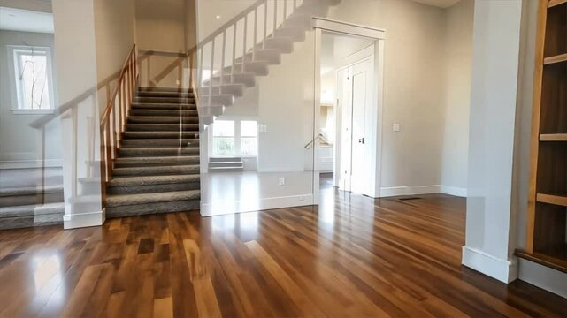 A large, empty living room with a staircase leading up to a second floor