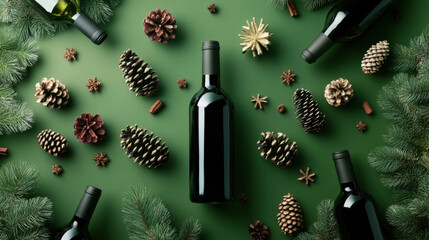 Elegant wine bottles surrounded by pine cones and winter decorations create festive atmosphere. Perfect for holiday gatherings and seasonal celebrations
