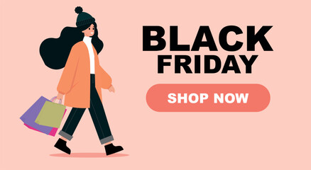 Banner with woman shopping, writing, Black Friday, shop now
