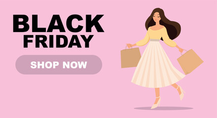 Banner with woman shopping, writing, Black Friday, shop now