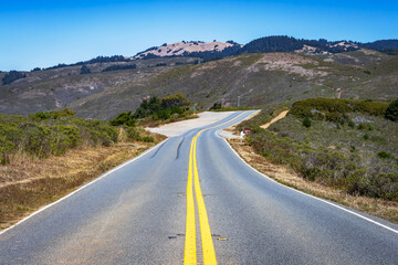 View of Highway 1 between Stinson Beach and Mt. Tamalpais, Marin County. Pacific Coast Highway, California.
