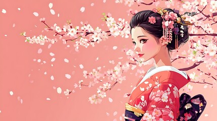 Elegant Woman in a Floral Kimono Amidst Cherry Blossoms
