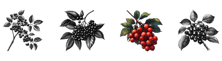 Collection Black Rowanberries Isolated On Transparent Background
