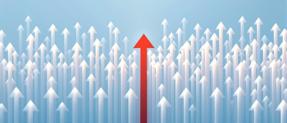 Array of white arrows pointing skyward on a tranquil blue backdrop with one red arrow straying from the path, advancement, evolution, transition, adaptability