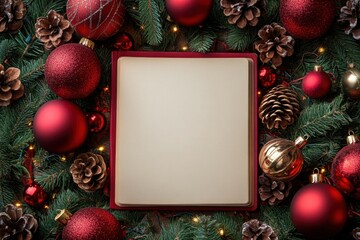 A top view of a blank notebook surrounded by festive Christmas decorations