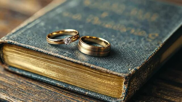 Golden wedding rings resting on an antique book, signifying enduring love.