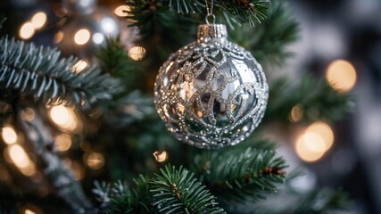 Close-up of a silver glitter Christmas ornament hanging on a decorated Christmas tree with warm bokeh lights.