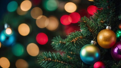 Close-up of colorful Christmas ornaments on a decorated tree with blurred lights in the background.