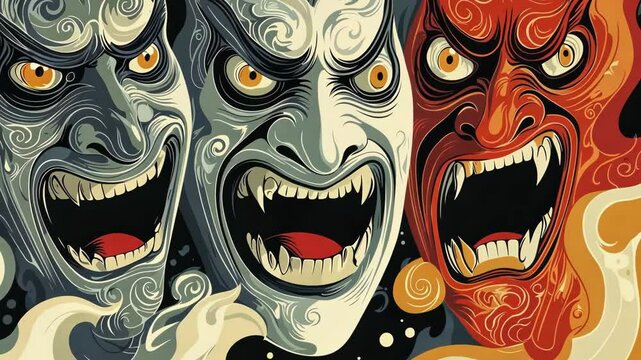 Three stylized oni masks, vibrant colors, detailed swirling patterns, open mouths, sharp teeth.