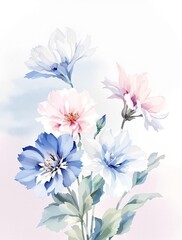 Fototapeta premium Artistic watercolor flowers pattern inspired by cornflowers, painting, abstract, vibrant