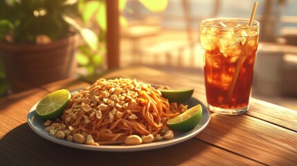 A plate of pad thai with peanuts and lime, accompanied by a refreshing iced drink.