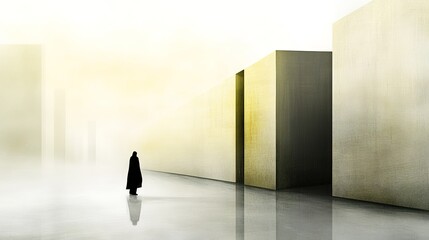 Solitary Figure in a Dreamlike Landscape Surrounded by Abstract Geometric Structures and Ethereal Light, Evoking a Sense of Mystery and Contemplation