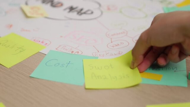 Slow motion closeup hand female businesswoman hand writing marketing on paper with pencil and sticky notes placed on table. Creative start up business and teamwork concept. Focus on hand. Variegated.