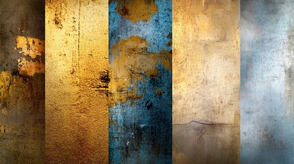 Textured Backgrounds Featuring Metallic Gold and Blue Finishes, Abstract Patterns with Distressed and Weathered Effects Ideal for Creative Design Projects