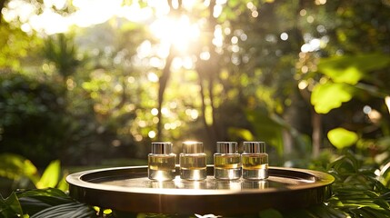 Obraz premium Elegant Perfume Bottles Displayed on Tray in Lush Green Nature