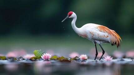 Elegant White Crane Bird Amidst Pink Water Lilies  Wildlife Nature Scene