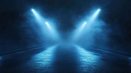 Obraz premium Dramatic Night Scene with Blue Lights and Fog on Wet Road