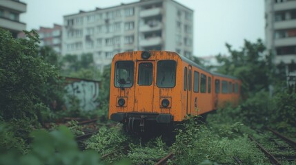 Naklejka premium Abandoned Orange Train Overgrown Tracks Urban Decay Rusty Railcar Cityscape Green Fol