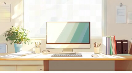 Fototapeta premium Bright and Cozy Workspace with Computer and Stationery in Sunlight