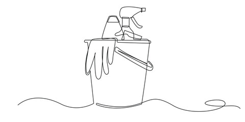 continuous line drawing of cleaning equipment set.one line drawing of cleaning tools, bucket, gloves, spray, sponge, rag.single line vector illustration.isolated white background