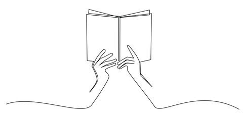 continuous line drawing of a hand holding a book.one line drawing of reading a book for education.reading a book,studying,reading a novel.single line vector illustration.isolated white background